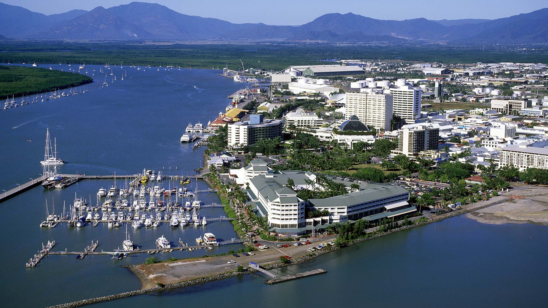 Aerial view of Cairns waterfront and marina in Queensland.