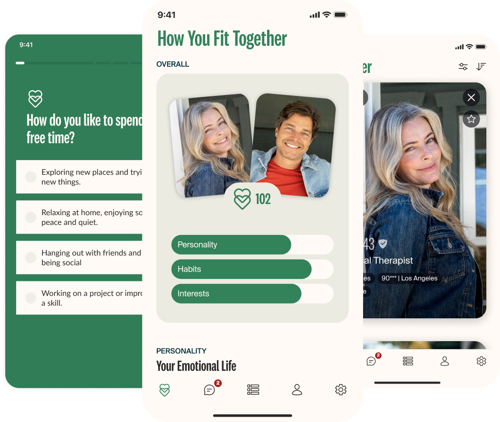 Sample questionnaire, compatibility score, and partner suggestions on eharmony