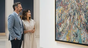 A couple looking at art in a gallery.