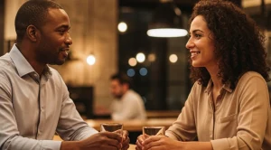 A couple enjoying a date at a bar.