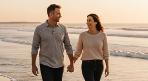 A couple strolling at the beach hand in hand at sunset.