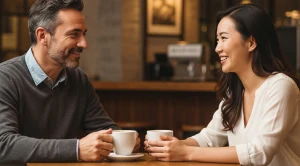 A couple enjoying coffee together at a cafe.