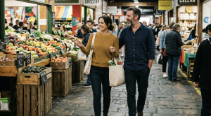 A couple walking at adelaide central market.