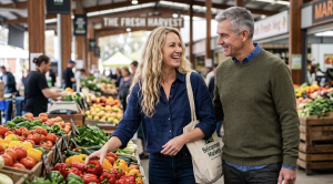A couple selecting fruits and vegetables at belconnen fresh food market in canberra. (Generated with AI)