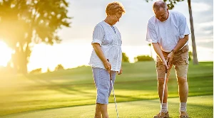 A couple playing a round of golf at sunset. 