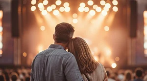 A couple enjoying live music outdoors together on a date.