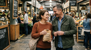A couple enjoying a date at the south melbourne market, browsing around.