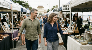 A couple strolling st klida esplanada market.