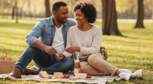 A couple sitting in a park on a picnic blanket and enjoying the nature together.