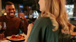 A couple enjoying a dinner at a casual restaurant.