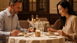 A couple enjoying a luxurious dinner at a restaurant. 