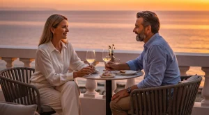 A couple sitting in a restaurant with sea view and enjoying dinner and drinks.