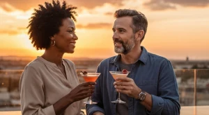 A couple enjoying drinks at a rooftop at sunset on a date.