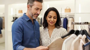 A couple browsing boutique shops together on a date.