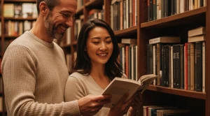 A couple browsing books together.