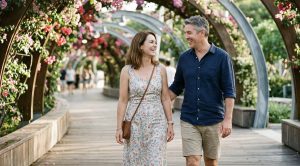 A couple walking the south bank in brisbane together.