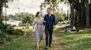 A couple walking through new farm park in brisbane,