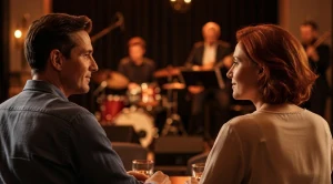 A couple enjoying jazz in a live music venue.