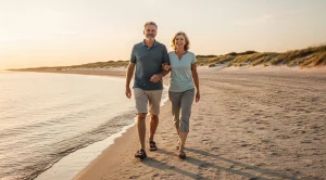 A couple walking the beach at sunset.