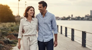 A couple walking at the waterfront of a city.