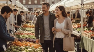 A couple picking vegetables at the farmers market. (Generated with AI)