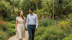 A couple walking through an botanical garden.