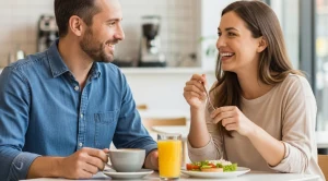 A couple enjoying a brunch at a cafe.