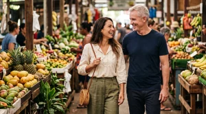 A couple picking vegetables and fruits at rustys market in cairns. (Generated with AI)