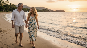 A couple walking hand in hand at trinity beach in cairns. (Generated with AI)
