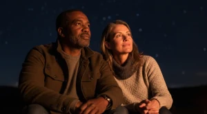 A couple sitting together stargazing,