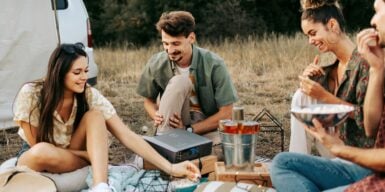 Two couples have a picnic together as an example of double date ideas