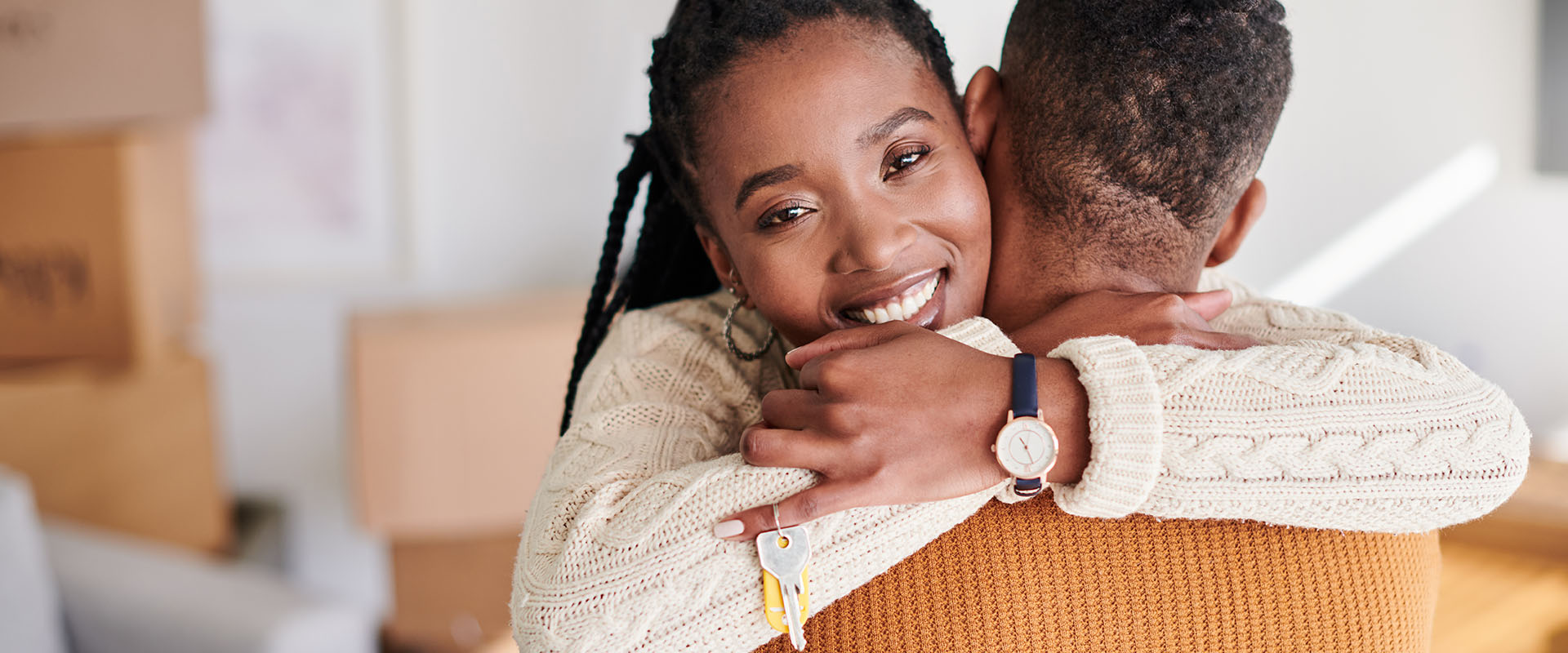 Woman hugs you and she looks happy as symbol for she is the one