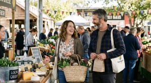 A couple picking vegatables at the devonport farmers market in tasmania. (Generated with AI) (Generated with AI) (Generated with AI) (Generated with AI) (Generated with AI)
