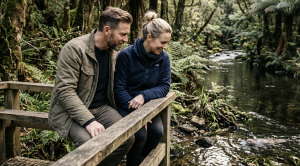 A couple encounter widlife at the fern glade platypus sanctuary in tasmania. (Generated with AI) (Generated with AI)