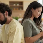 A couple sitting back-to-back, each looking at their phone.