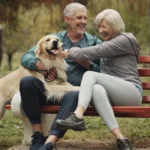 A couple sitting on a park bench cuddling with their dog.