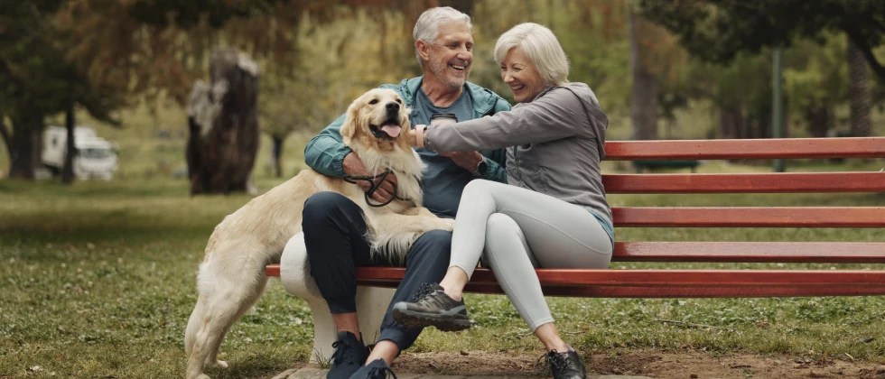 A couple sitting on a park bench cuddling with their dog.