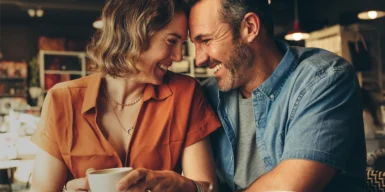 A couple in their 40s on a date laughing and looking at each other.